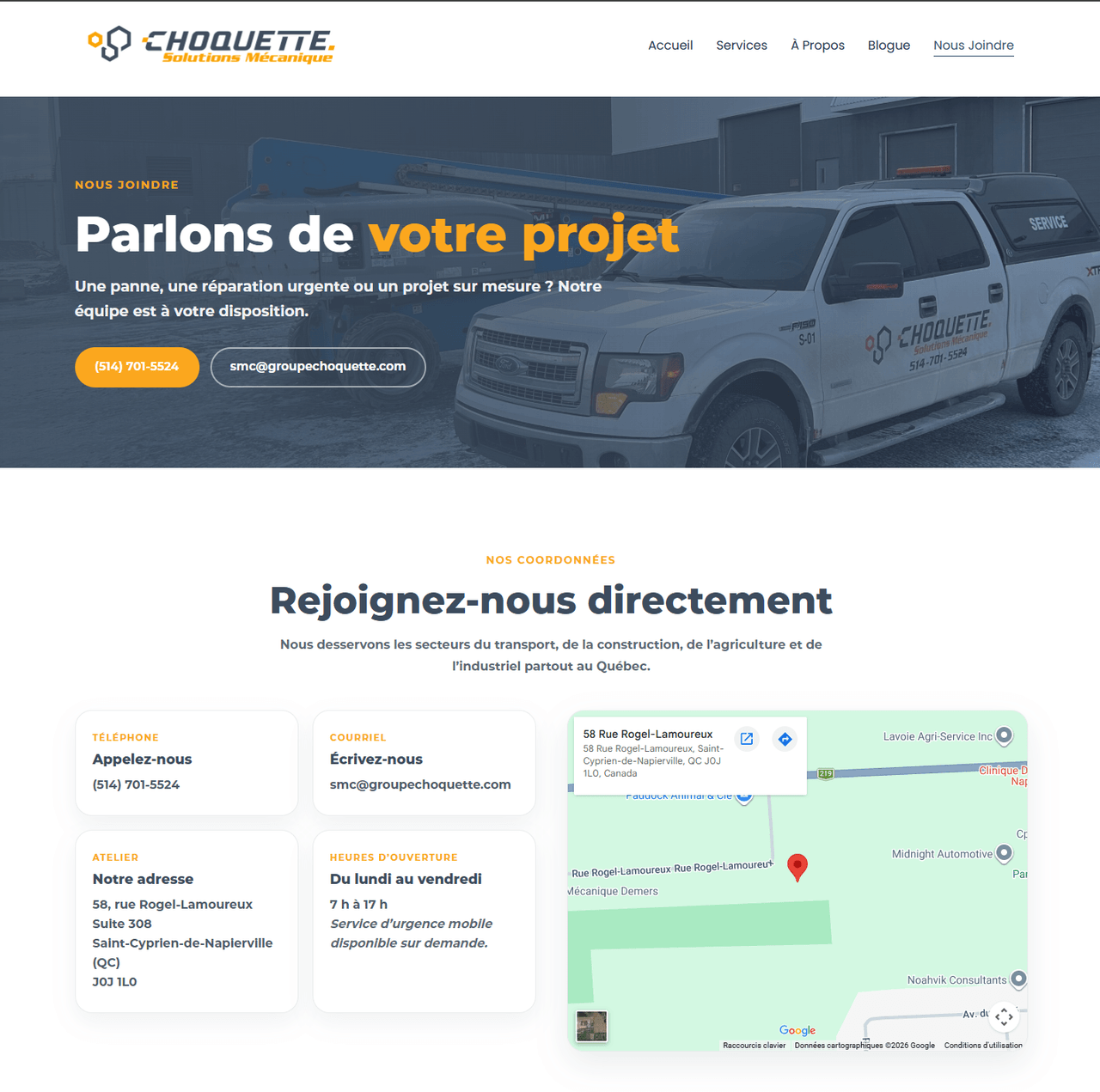 Capture d'écran du site Mécanique Solution, service de mécanique mobile d'urgence pour véhicules lourds au Québec